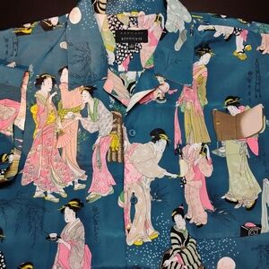 Mens AOP Geisha Girls Button Up Blue Short Sleeve Casual Shirt Kimono Unique XXL